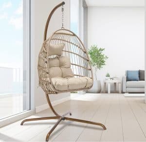 RADIATA Foldable Wicker Rattan Hanging Egg Chair with Stand, Swing Chair with Cushion and Pillow, Lounging Chair for Indoor Outdoor Bedroom Patio Garden (Beige(with Stand))