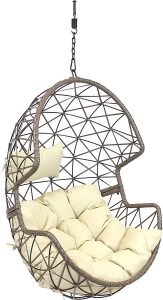 Sunnydaze Lorelei Hanging Egg Chair - Outdoor Patio Lounge Seat - Boho Style Furniture - Resin Wicker Basket Design - Includes Beige Cushion - Furniture for Porch, Deck, Balcony and Garden