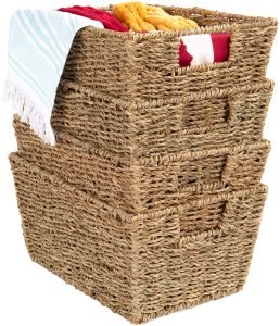 Best Choice Products Rustic Set of 4 Multipurpose Stackable Seagrass Storage Basket, Handwoven Laundry Organizer Totes for Bedroom, Living Room, Bathroom, Shelves, Pantry w/ Insert Handles - Natural