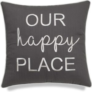 EURASIA DECOR Our Happy Place Embroidered Decorative Square Accent Throw Pillow Cover - Housewarming, Living Room, Sofa - 18x18 Inches, Grey